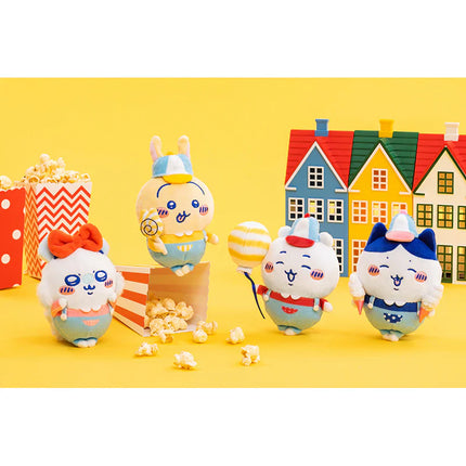 Set of five mini plush mascots in blue and white outfits with hanging chain loops