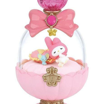 A pink perfume bottle with a pink bow and a pink gemstone on top, containing a small figurine of a pink character and a blue character.