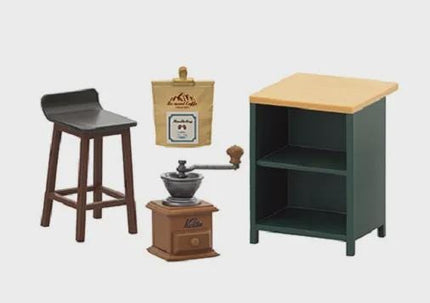a wooden stool, a coffee grinder, a shelf, and a bag of coffee beans.