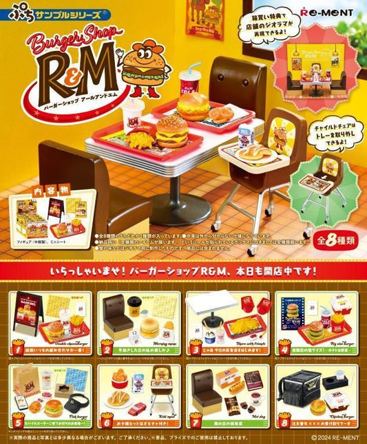 Burger shop miniature set box art with burgers, fries, cola and tables