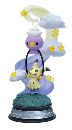 A figurine of a character from the Pokémon franchise, specifically Pikachu, is depicted in a whimsical scene with clouds, stars, and a moon-like shape.