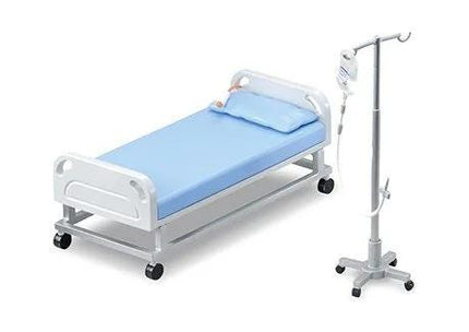 A hospital bed with a blue sheet and a medical drip stand next to it.