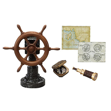 a brown wooden ship's steering wheel, a map, a brass telescope, and a brass binocular, all arranged on a white background.