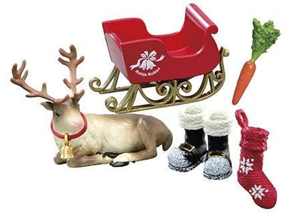 a red sleigh, a toy reindeer, a carrot, a pair of boots, and a Christmas stocking.