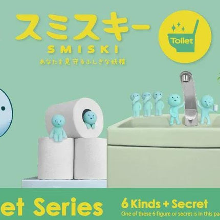 The image is an advertisement for a toilet series, featuring a cartoon character and various toilet-related items such as toilet paper and a potted plant.