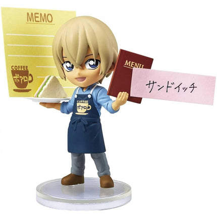 A figurine of a person holding a menu and a plate of food, with a pink sign in front of them.