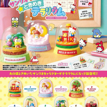The image is an advertisement for Hello Kitty figurines, featuring various figurines in different shapes and sizes displayed in glass domes.