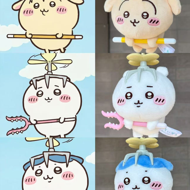 Plush mascot keychain, blue outfit character with small sword-like prop