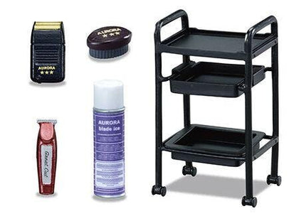 various grooming and beauty products, including a razor, a shaving brush, a can of hairspray, a shaving brush, and a black tray with two shelves.