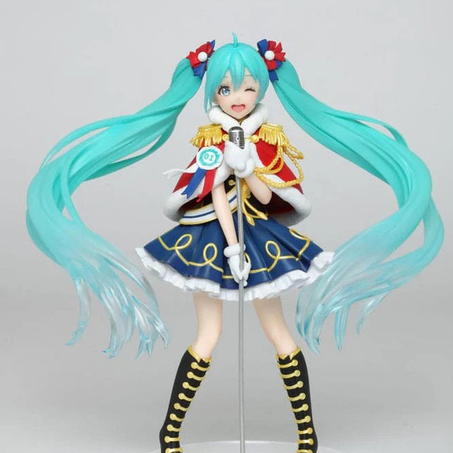 Hatsune Miku winter live figure front view, aqua twin-tails, blue dress, black boots
