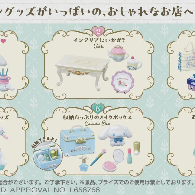 Cinnamoroll Style Shop miniature accessory cards showing multiple small shop items