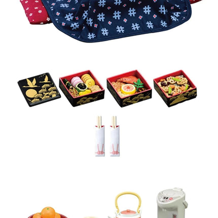 various food items and kitchen utensils, including a wooden tray, four small boxes, a bowl of oranges, a teapot, a kettle, and a white container.