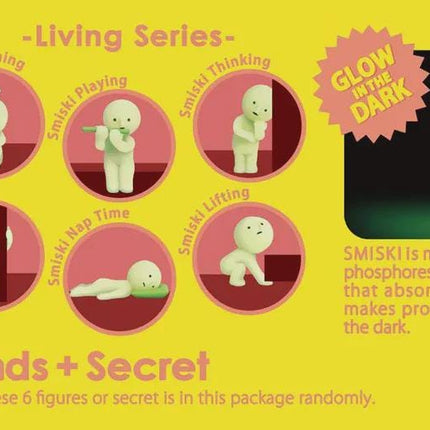 The image is a promotional graphic for a product called SMISKI, which is a glow-in-the-dark figurine. The graphic features six different figurines in various poses, each with a unique expression, and a larger image of the figurine in the dark. The text on the image provides information about the product, including its 6 kinds and a secret feature.