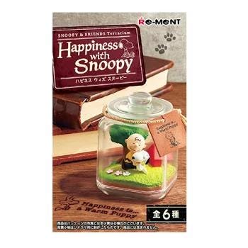 The image is a poster for a Peanuts-themed collectible item, featuring a glass jar containing a miniature Peanuts scene with a tree and a dog.