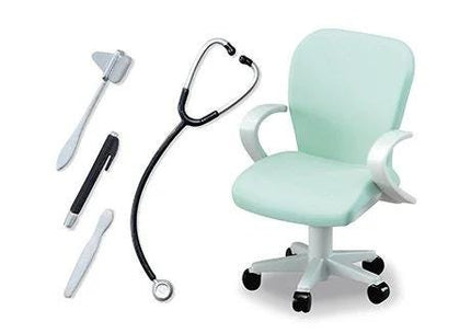 a stethoscope, a pen, a toothbrush, and a light blue office chair, all arranged in a casual manner.