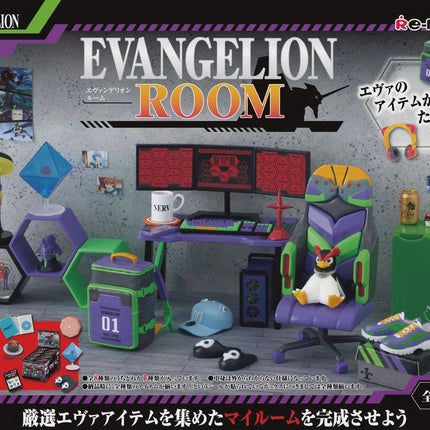 The image is an advertisement for a gaming room set featuring various items related to the Evangelion anime series, including a desk, chair, headphones, and other accessories.