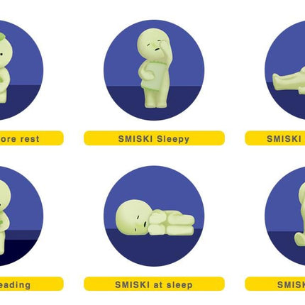 six circular icons depicting different stages of SMISKI, a character that is associated with sleep and relaxation. The icons show the character in various poses, such as reading, sleeping, and fusing.
