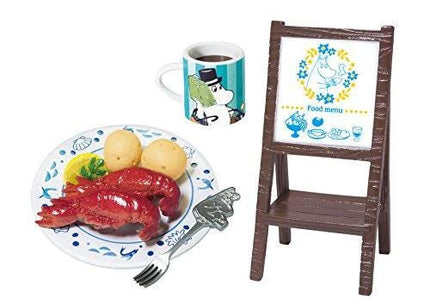 a plate with a lobster, a cup with a cartoon character, a wooden board with a food menu, and a fork.