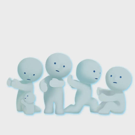 A group of four light blue, cartoon-like figures standing together against a white background.