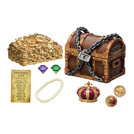 a variety of objects, including a chest of gold coins, a pearl necklace, a crown, and a treasure map.