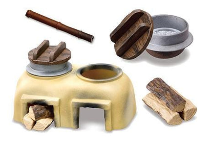 various objects, including a wooden spoon, a bowl, a pot, a bamboo stick, a wooden log, and a yellow pot.