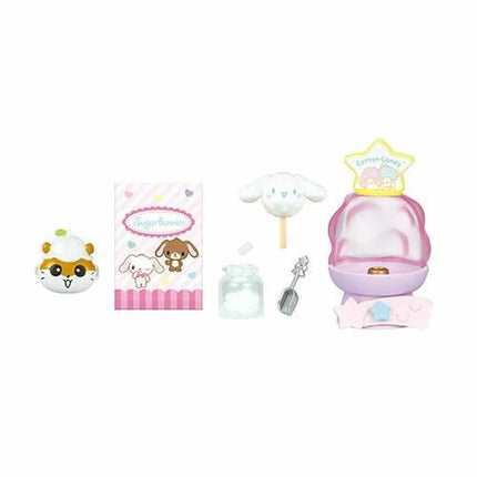 a variety of colorful and whimsical toys and items, including a small stuffed animal, a pink and purple toy, a jar, a toy car, and a toy with a face.
