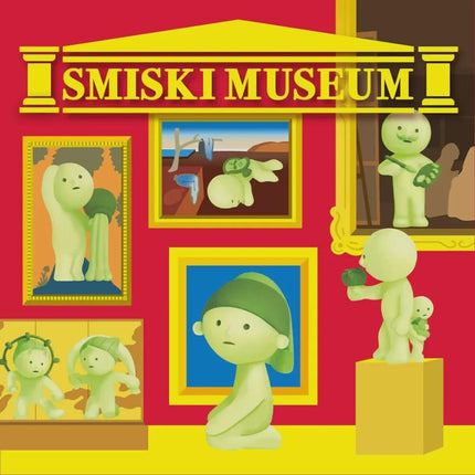 The image is a vibrant and colorful collage featuring various cartoon-like figures and scenes, including a museum setting.