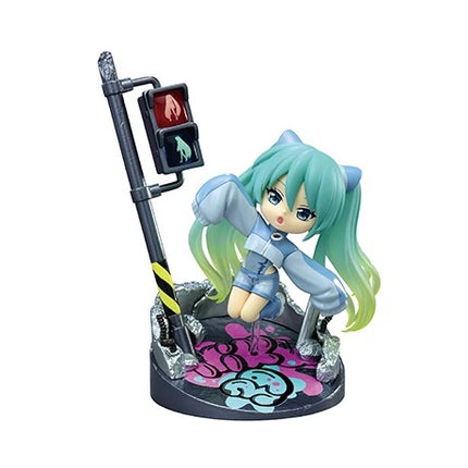 Hatsune Miku anime figurine on round base with neon poster and traffic-light props