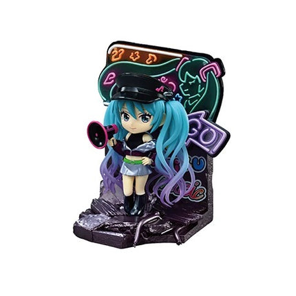 Hatsune Miku anime figurine with purple base and large decorated dark signage behind