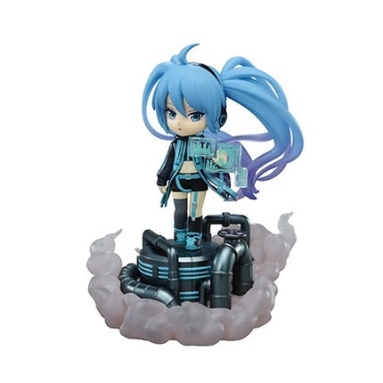Blue-haired anime figurine with teal outfit standing on cloud-like gray base
