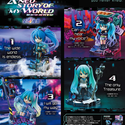Retail box artwork featuring Hatsune Miku figurines in a neon A-neo storyworld design