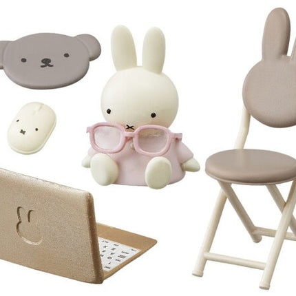 Dollhouse accessories set with rabbit figure, chair, tray, and gray face piece