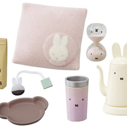 Rabbit dollhouse dining accessories set with square placemat, cup, teapot, and tray