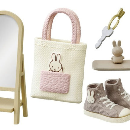 Dollhouse standing accessories with mirror easel, tote bag, small shelf, and sneakers