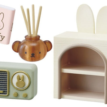 Dollhouse kitchen accessories with radio, bunny flower vase, canister, and storage house