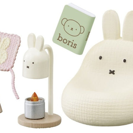 Dollhouse bear and bunny accessories with candle stand, lamp, key and small house