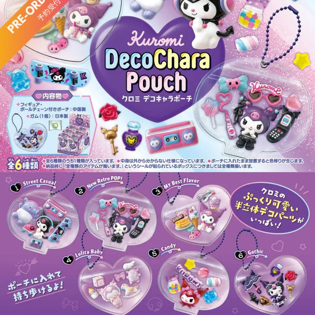 Kuromi DecoChara character pouch set in box, featuring multiple cute mini pouches