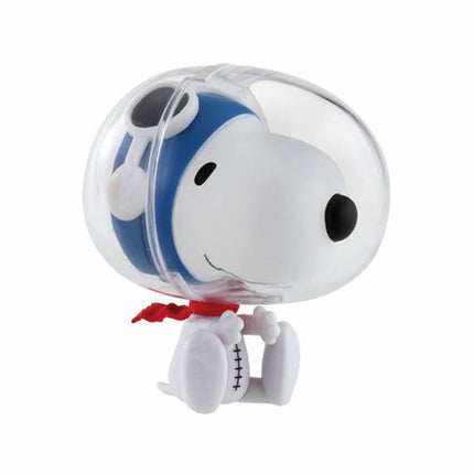 Astronaut Snoopy capsule toy with clear helmet, blue-and-white suit and red scarf tail