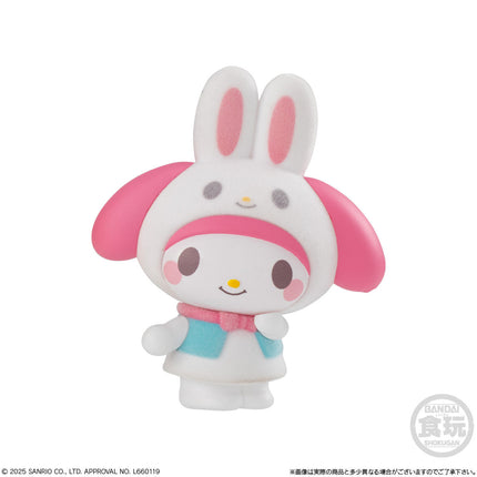 White and pink bunny kigurumi capsule plush with face and teal scarf