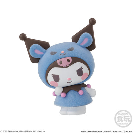 Blue animal kigurumi capsule plush with face, horned hood, and pink accents