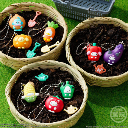 Vegetable character charm set displayed in four wicker baskets with colorful keychains