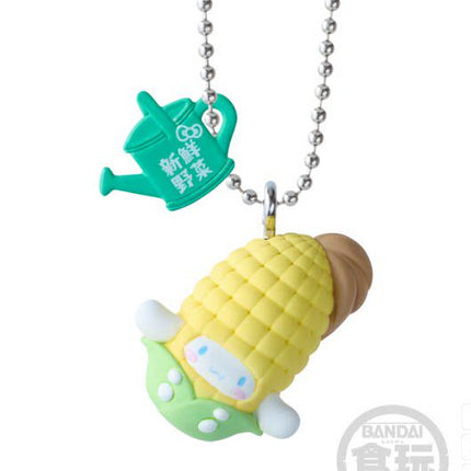 Corn cob character charm keychain with green carrot tag and silver ball chain