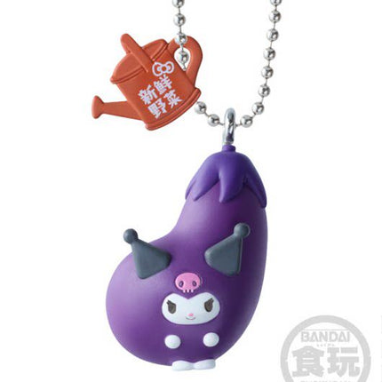 Purple eggplant character charm keychain with smiling face and silver ball chain