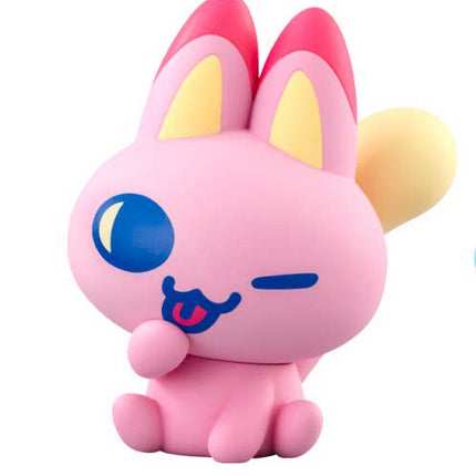 Close-up soft vinyl pink rabbit-like character with blue eye markings and yellow tail