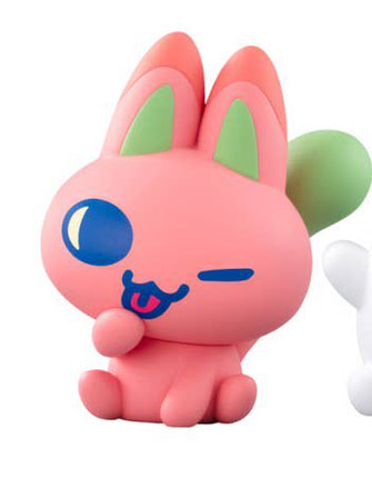 Pink soft vinyl bunny figure with blue eye details and green ear accents