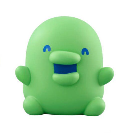 Close-up soft vinyl green blob character with blue mouth marking