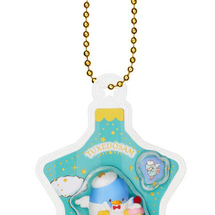 Blue Sanrio character ornament charm with bead chain, penguin in cave scene