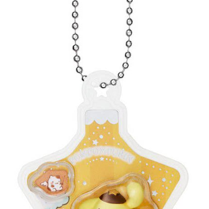 Sanrio star ornament charm with bead chain, yellow scene and cat figure in bowl