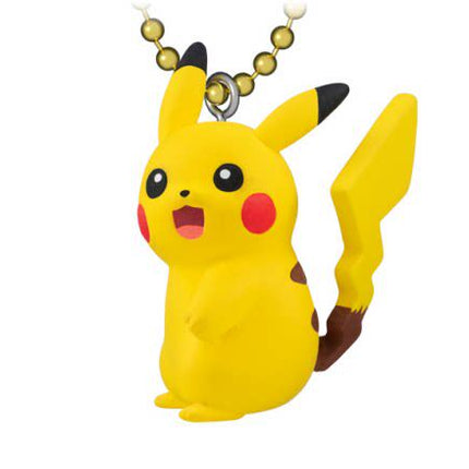 Yellow Pikachu mascot keychain with ball chain, smiling face, black ear tips