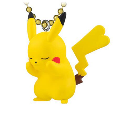 Yellow Pikachu mascot keychain with ball chain, eyes closed, waving pose